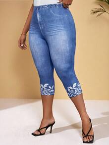 BrightlyHer Plus Denim-Effect & Floral Print Summer Outfits Leggings,Spring - Blue and White - View 6