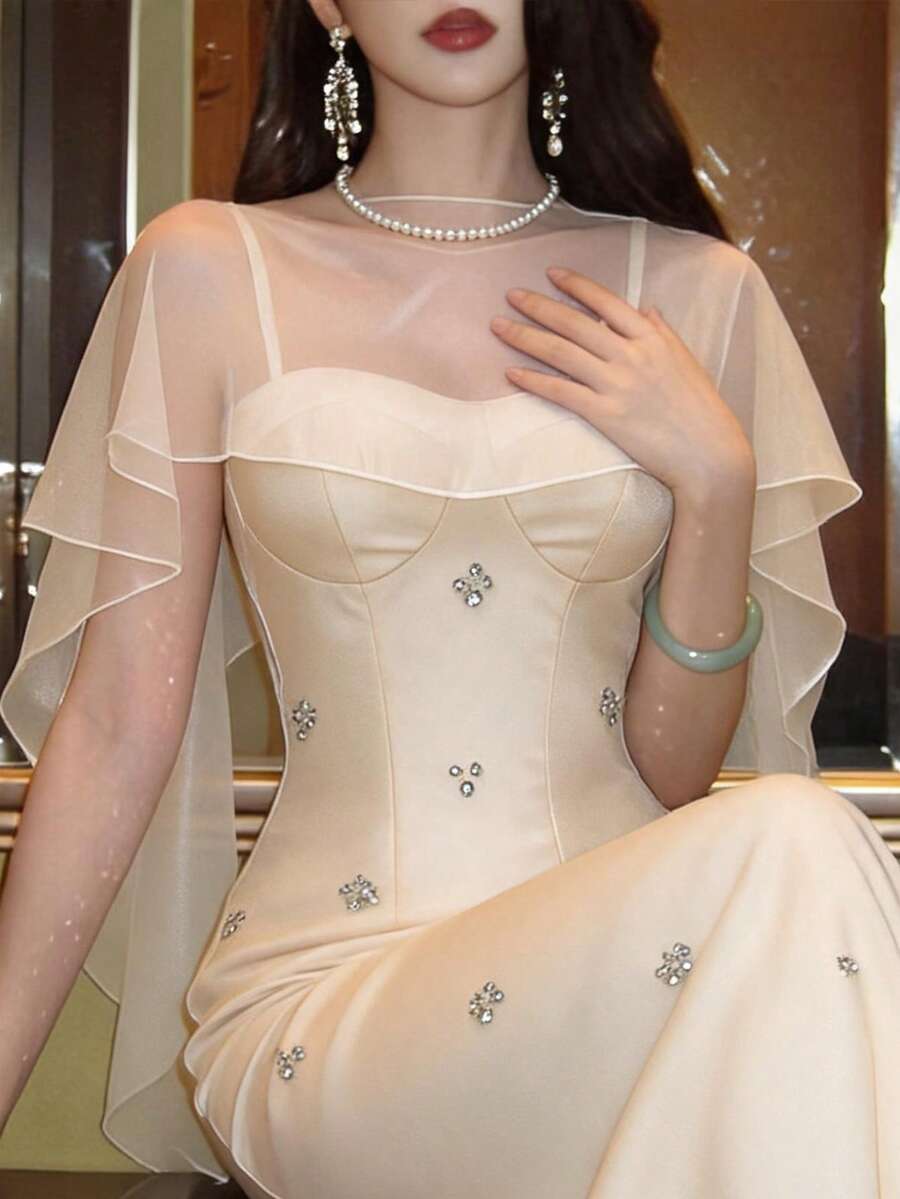 Feyla 女士水钻装饰披肩设计优雅中长连衣裙