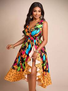 Brilight Vestido de verano de nuevo estilo con estampado de árbol de coco en estilo tropical, escote en V, silueta evasé y bordes irregulares con volantes. Adecuado para temporada de bodas, graduación, ocio diario, fiestas, citas, San Valentín, vacaciones y otras ocasiones - Multicolor - Ver 6