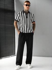 SLATEMANN Camisa polo de verano casual para hombres con bloques de color y rayas - Blanco y Negro - Ver 4