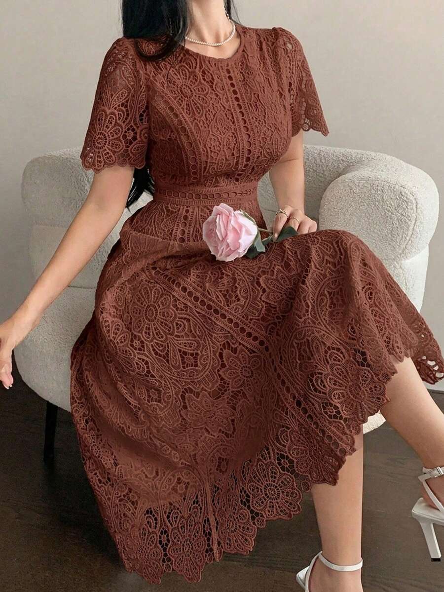 DAZY 優雅蕾絲飾邊短袖迷你洋裝,青春精緻夏日陽光裙 - 棕色 - 查看 1