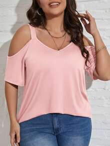 SHEIN LUNE Plus Size Women's Cute Off-Shoulder T-Shirt, Versatile For Daily Wear And Commuting - Pink - View 4
