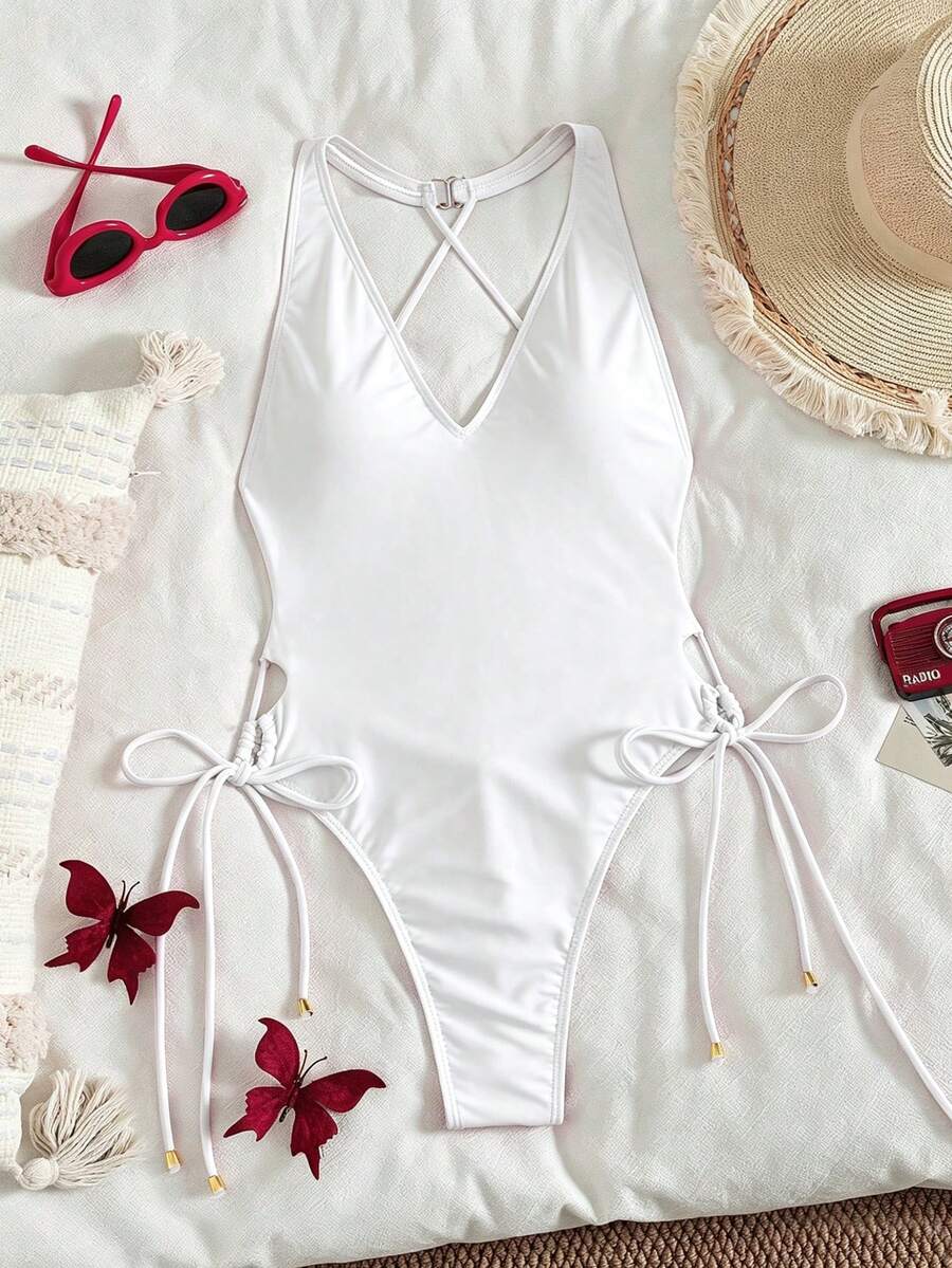 Swim SXY Summer Beach Lace Up Side Halter One Piece Swimsuit - White - View 1
