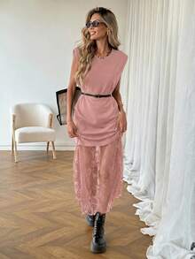 SHEIN LUNE Women's Casual Solid Color Lace Patchwork Sleeveless Long Dress, Basic Outfit For Spring/Summer Daily Wear Date, Commuting And Outings Dusty Pink - Dusty Pink - View 5