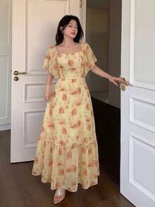 Modelyn 雪纺扎染印花方领收腰A字连衣裙 - 黃色 - 查看 7