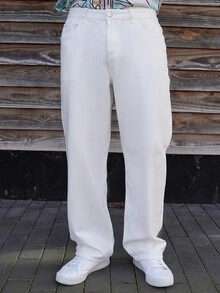 LEOGASHI LEOGASHI Men's Solid Color Simple Daily Casual Pockets White Denim Jeans, Men Pants - Beige - View 4