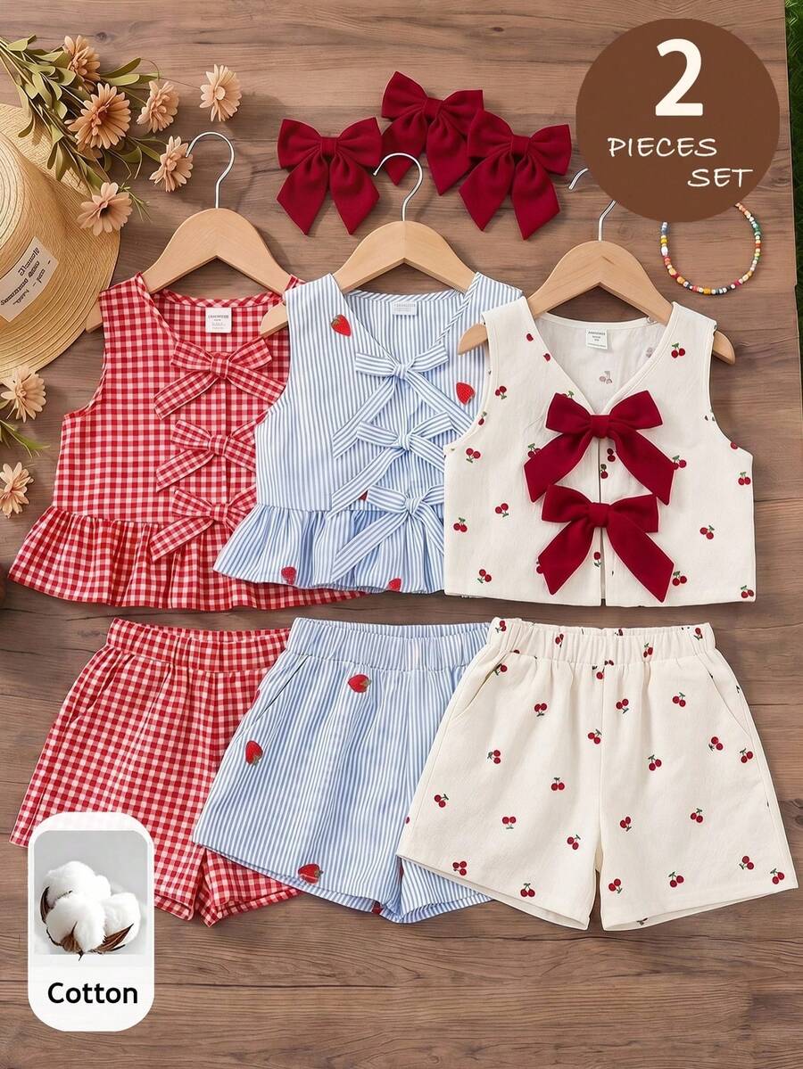 SHEIN LMoss Kids Ensemble décontracté pour jeune fille avec gilet à nœud et short à carreaux - Multicolore - Voir 1