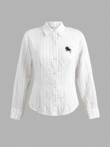 SHEIN 青少年女孩時尚刺繡杏色修身長袖襯衫，返校襯衫，女孩白色襯衫配小馬刺繡圖案，青少年女孩秋冬服飾 - 杏色 - 查看 3