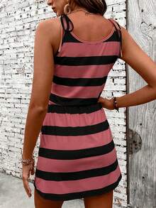 EMERY ROSE Women's Casual Striped Drawstring Waist Sleeveless Dress, Summer - Red Violet - View 2