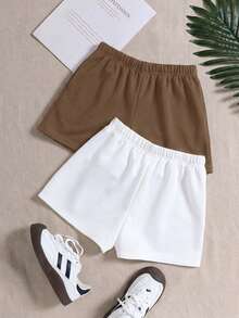2pcs Tween Girls' Casual Solid Color Knit Wide Leg Shorts - Multicolor - View 2