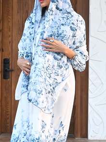 Alya Khalil Ruched Flower Print Elegant Dress With Headscarf Fall Cloth For Women Vacation - Multicolor - View 4