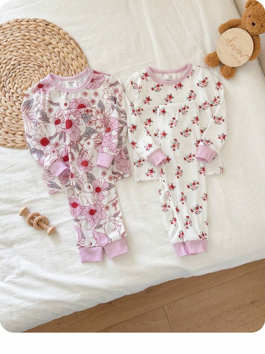 Baby Girl Floral Print Top And Pants Pajama Set - Baby Pink - View 1