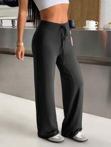 SHEIN EZwear 2件套女士纯色抽绳腰弹力针织裤套装 - 咖啡棕 - 查看 5