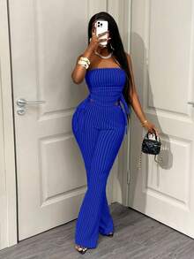 BamGleam Set di due pezzi a fascia sexy a righe per donna - Blu reale - Visualizzare 4