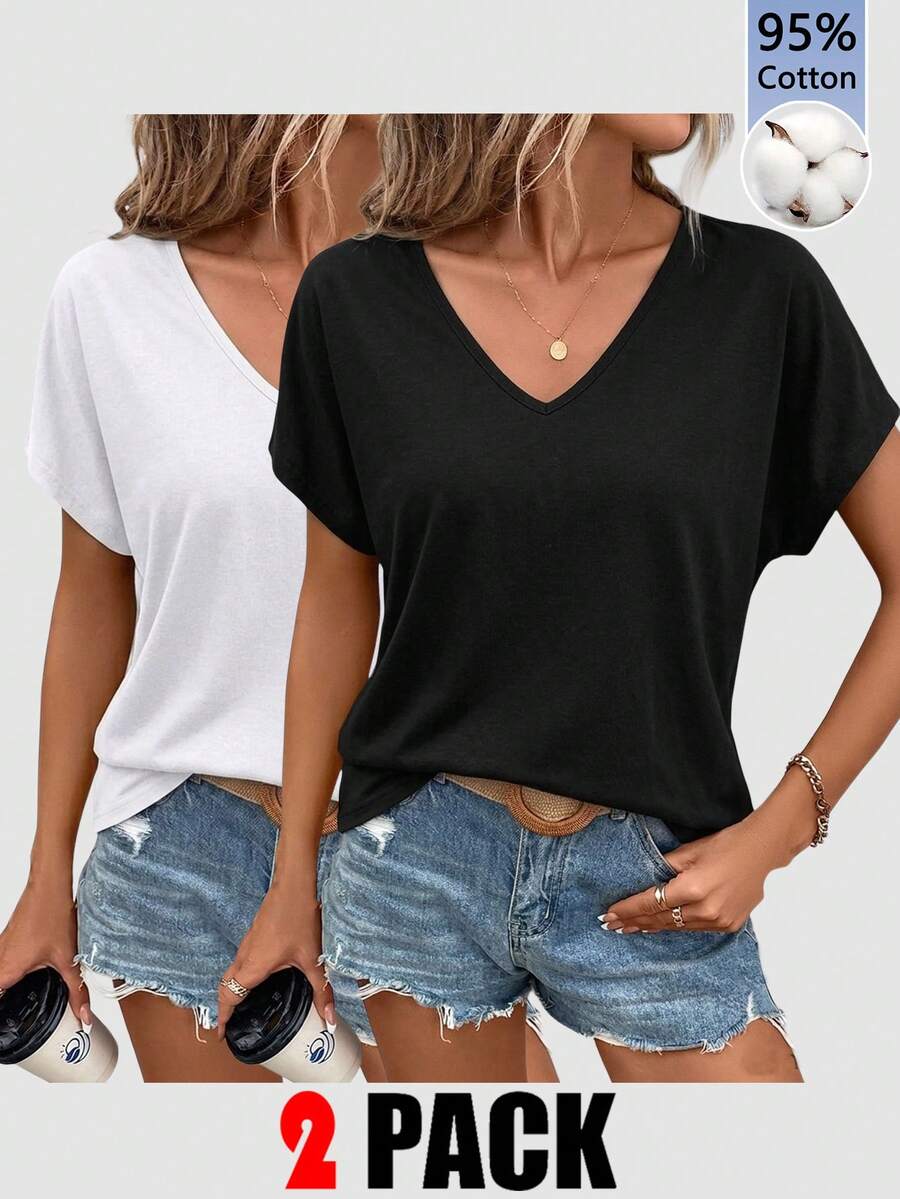 SHEIN Frenchy 2 chiếc/bộ Áo thun nữ cổ chữ V dáng rộng 95% cotton, phong cách thường ngày, mặc thoải mái, áo mùa hè - Nhiều màu - Xem 1