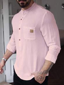 Manfinity Homme Camisa casual de manga larga con cuello alto de unicolor para hombre, primavera, otoño, formal - Rosa - Ver 4