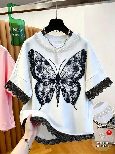 Balvessa Women's Round Neck Lace Trim Patchwork, Fashionable Butterfly Pearl 3D Print V-Neck Short Sleeve T-Shirt, Casual Top For Daily Wear, Young & Versatile, Suitable For Holidays, Vacations, Casual Occasions, High-Quality Craftsmanship, Fit For Festivals, Beach Dinners And More