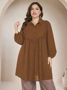 Graceveil Plus Size Casual Solid Color Long Sleeve Loose Regular Shirt, Spring/Autumn Fall - Brown - View 3