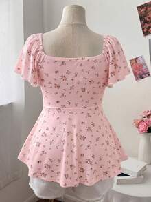Sweetra Plus Size Women's Square Neck Drawstring Cap Sleeve Ruffle Sleeve Ditsy Floral Casual Cute Elegant Vacation A-Line T-Shirt, Spring/Summer - Pink - View 2