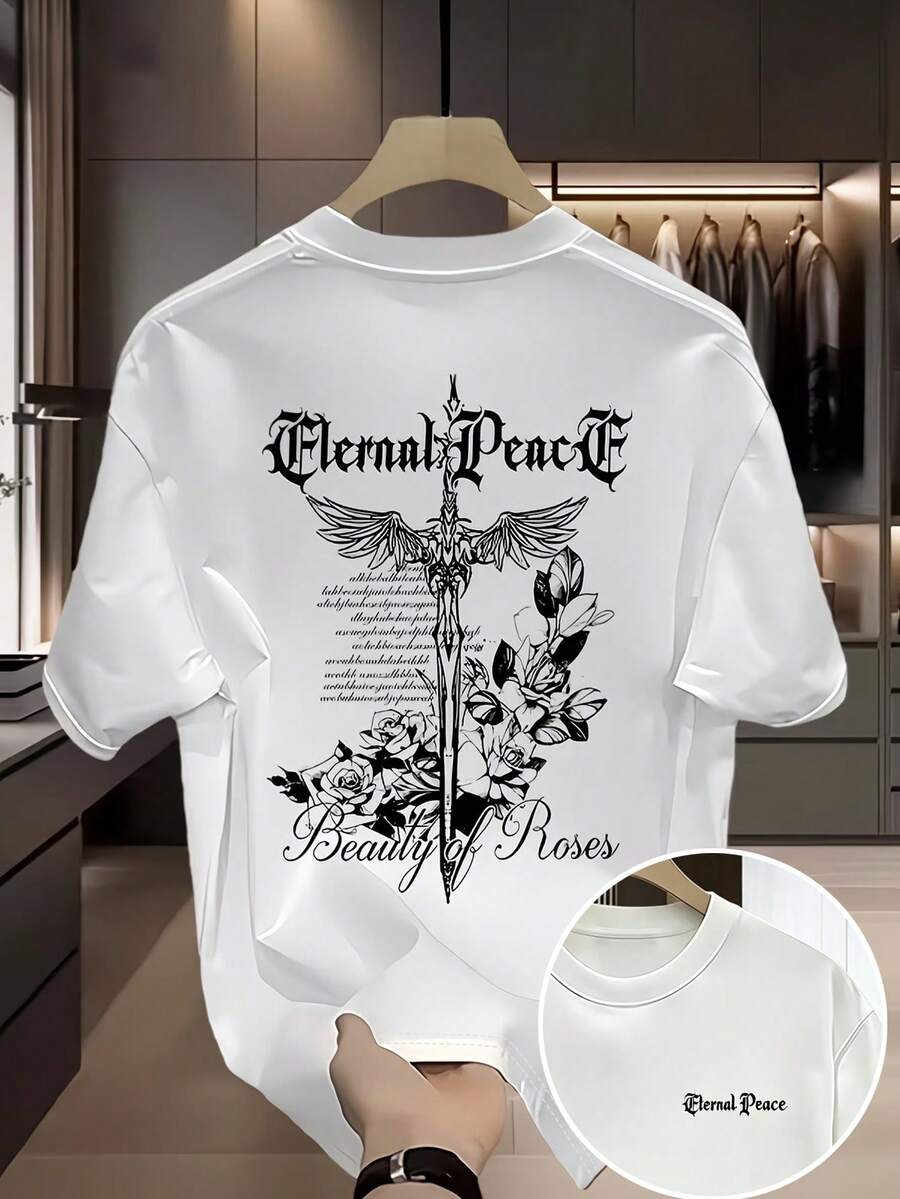 Glimmora Men's Standard Size Letter & Floral Print Casual Round Neck Short Sleeve T-Shirt, Summer - White - View 1