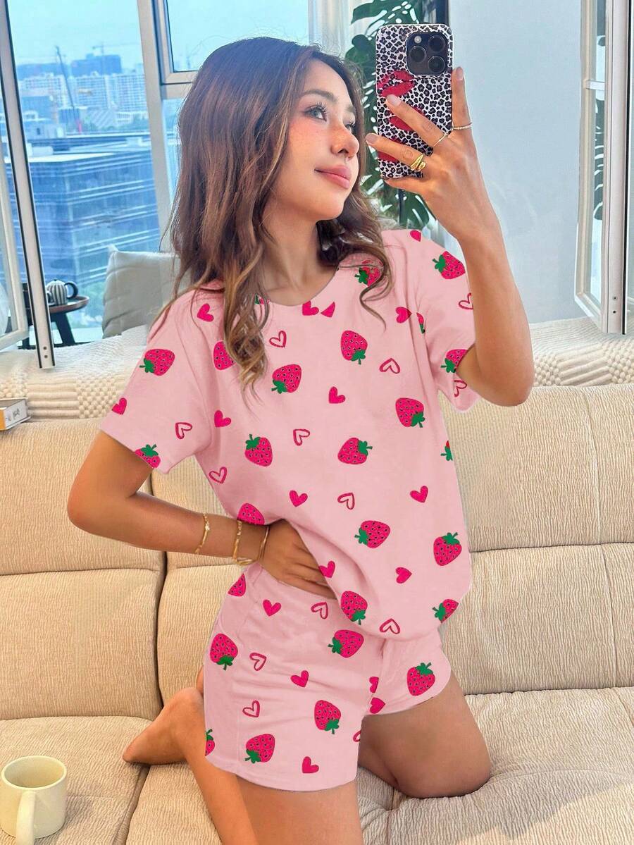 Cute Heart & Strawberry Print, Tween Girls Casual Minimalist Round Neck Short Sleeve Shorts Pajama Set, Suitable For Summer - Multicolor - View 1