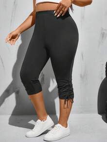 SHEIN Essnce 大码女装春夏时尚休闲日常高弹舒适百搭黑色打底裤七分裤，简约风格，工作裤，女式下装，外出服 - 灰色 - 查看 5