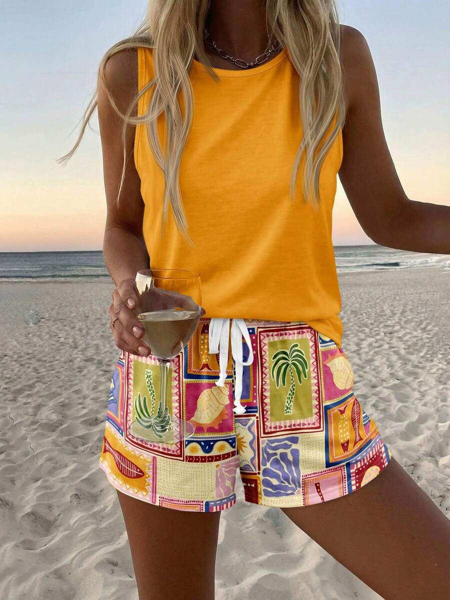 Sylviya Women's Casual Round Neck Tank Top And Shorts 2 Pieces Set, Suitable For Summer,Summer Outfits For Women - Multicolor - View 1
