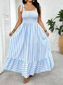 SHEIN Tall CURVE 大码女式条纹撞色系带时尚百搭连衣裙 - 淺藍色 - 查看 3