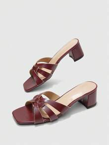 CUCCOO BIZCHIC Ladies Burgundy Crossed Thick High Heel Sandals, Square Head Comfort High Heel Sandals Commuter Style Sandals - Burgundy - View 4