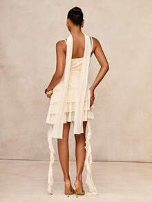 Lumalex Summer Sequin Spaghetti Strap Multilayer Ruffle Hem Mesh Patchwork Flowy Dress For Women,Cream White Elegant Party Luxury Wedding Guest Graduation - Apricot - View 7