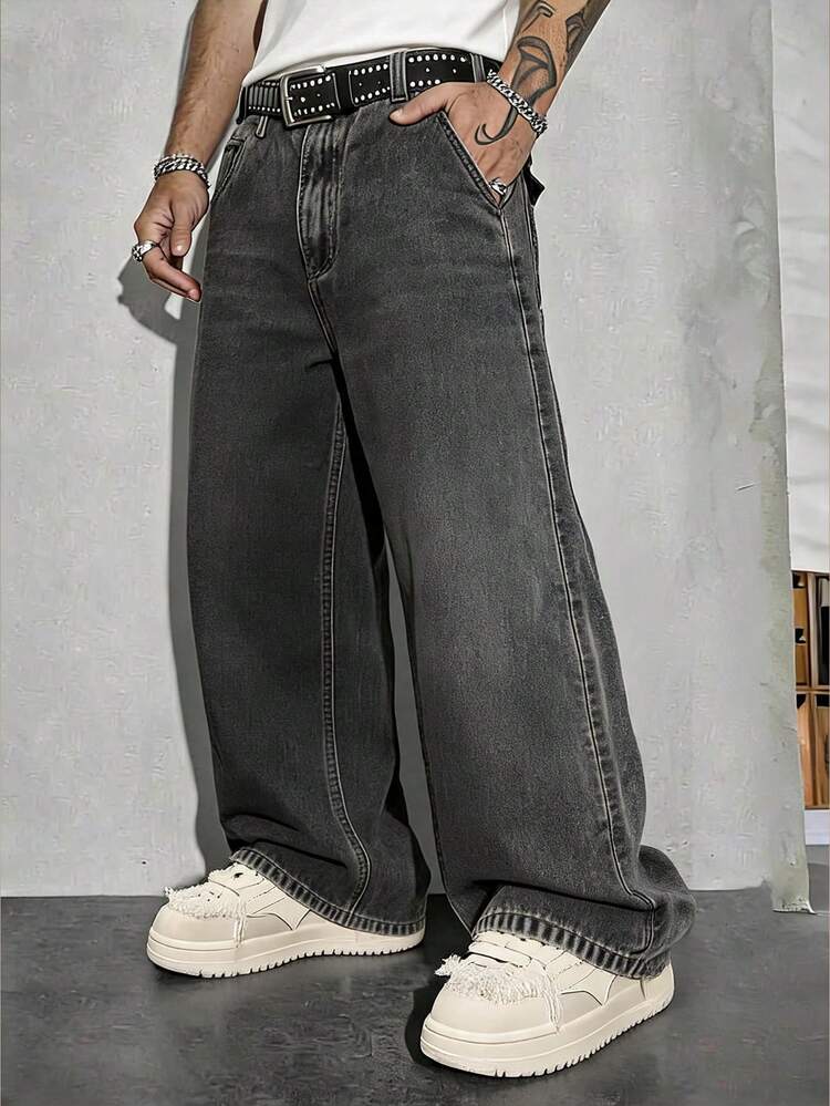 Men's Dark Grey Washed Vintage Straight Leg Jeans With Rhinestone Design On Back