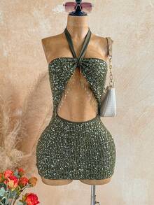 Soleia Army Green Sequin Tassel Decor Halter Backless Mini Dress,70s Boho Summer Night Out Party Vacation Beach Cruise Road Trip Holiday Music Festival - Green - View 1