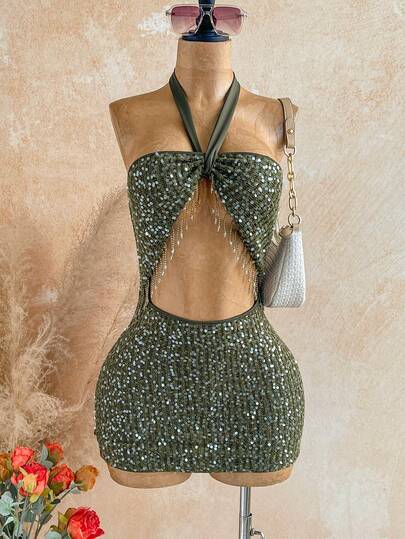 Soleia Sexy Vacation Sequin Fabric Tassel Decor Halter Bow Tie Backless Mini Dress, Suitable For Beach, Cruise, Road Trip, Holiday, Party, Brunch, Music Festival, Boho, Summer