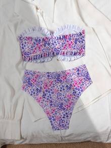 SHEIN Swim Women Beach Summer Outfits, New Ruffled Tube Top & Ditsy Floral Matching Pearl Decor Drawstring Bikini Set Set - Multicolor - View 2