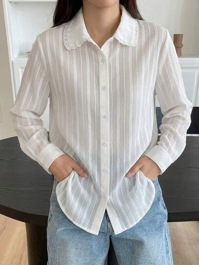 DAZY Elegant vintage-stil enfärgad långärmad blus för kvinnor, vår och sommar