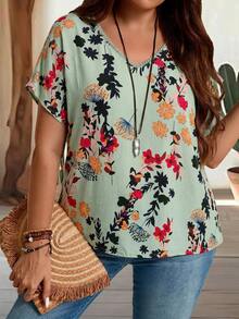 EMERY ROSE Plus Size Women Floral Print V-Neck Short Sleeve Casual Shirt - Green - View 6