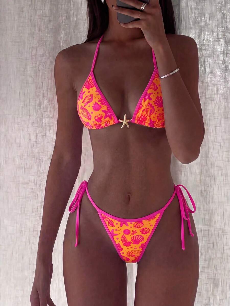 Swim Mod Baju Renang Tankini Longgar Musim Semi/Panas 2026 untuk Wanita, Melangsingkan, Dekorasi Bintang Laut, Set Bikini Dua Potong Leher Halter untuk Liburan Pantai & Pemotretan - MultiWarna - View 1