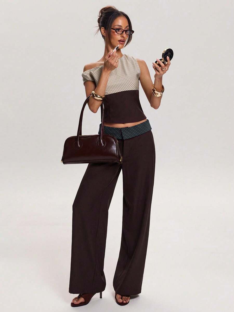 SHEIN BAE Pantalones casuales de moda para mujer con diseño de rayas y parches - Multicolor - Ver 1