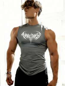 GymBeat Áo tank top thể thao nam không tay, cổ tròn, dáng ôm, in họa tiết, thích hợp cho mùa hè. - Màu xám đen - Xem 3