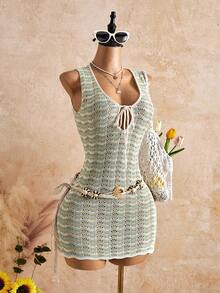 Swim Vcay Women's Fashion Versatile Vacation Tie-Up Sheer Sleeveless Cover-Up Dress Beach Vacation Green Striped Summer Tropical - Multicolor - View 14