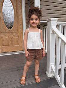 Dazy Kids Áo tank top trắng không tay cho bé gái, dáng rộng mùa hè, viền lượn sóng có thêu. - trắng - Xem 3