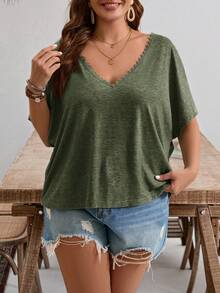 SHEIN Frenchy Áo thun tay cánh dơi phối ren, khoét rỗng, cỡ lớn, kiểu dáng thường ngày. - xanh quân đội - Xem 5