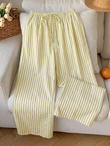 SHEIN Tall CURVE Plus Size Yellow Striped Print Tie-Front Loose Pants - Yellow - View 6