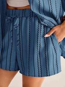 SHEIN VCAY Plus Size Light Blue Striped 2-Piece Set,Women's Summer Boho Beach Holiday Cardigan Jacket And Drawstring Shorts,Loose Vacation Style Casual Suit - Blue and White - View 9
