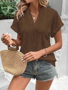 EMERY ROSE Women's Fashionable Versatile Rhombus Jacquard V-Neck T-Shirt, Suitable For Daily Wear And Vacation - Coffee Brown - View 4