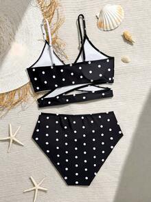 SHEIN 两件套少女泳衣，黑白波点撞色设计，适合游泳、泳池、海滩穿着 - 黑與白 - 查看 2