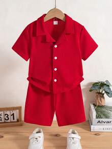 Baby Boy Summer Casual Solid Color Button-Front Shirt And Shorts Set - Red - View 1