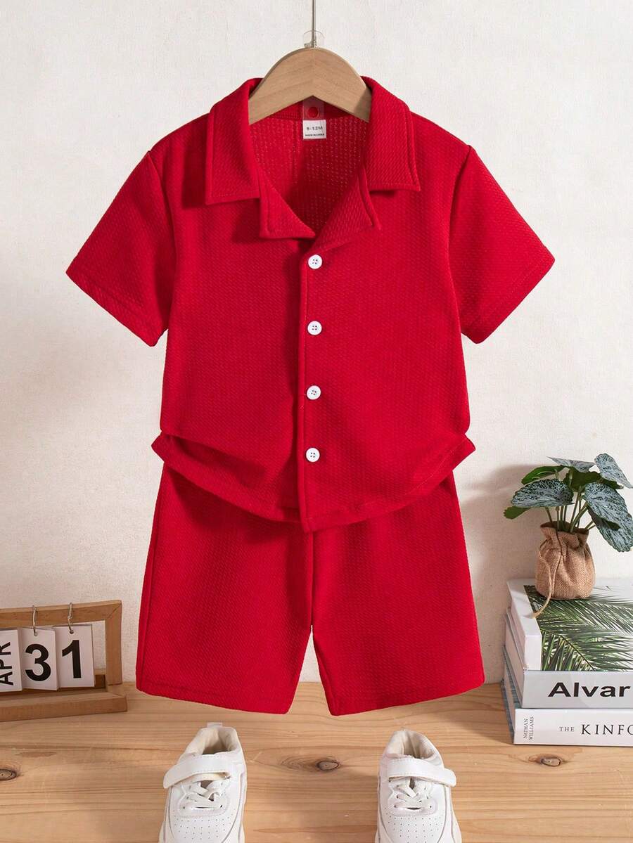Baby Boy Summer Casual Solid Color Button-Front Shirt And Shorts Set - Red - View 1