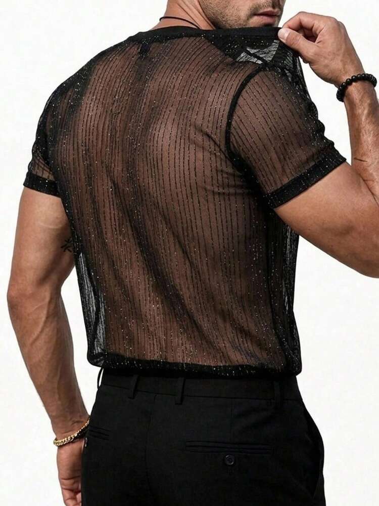 Men's Black Mesh Fabric Elastic Sheer Pullover
