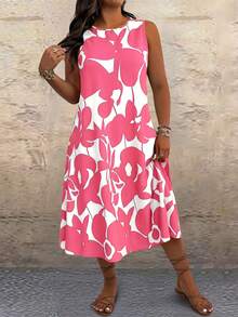 Linhara CURVE Plus Size Women Geometric Print Round Neck Casual Sleeveless Dress - Pink - View 5